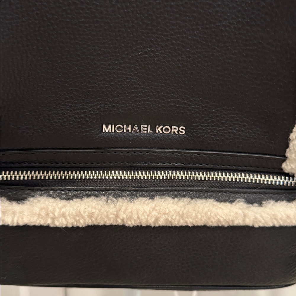 Michael Kors Rhea Black Leather and Cream Shearling Backpack - Picture 2 of 7
